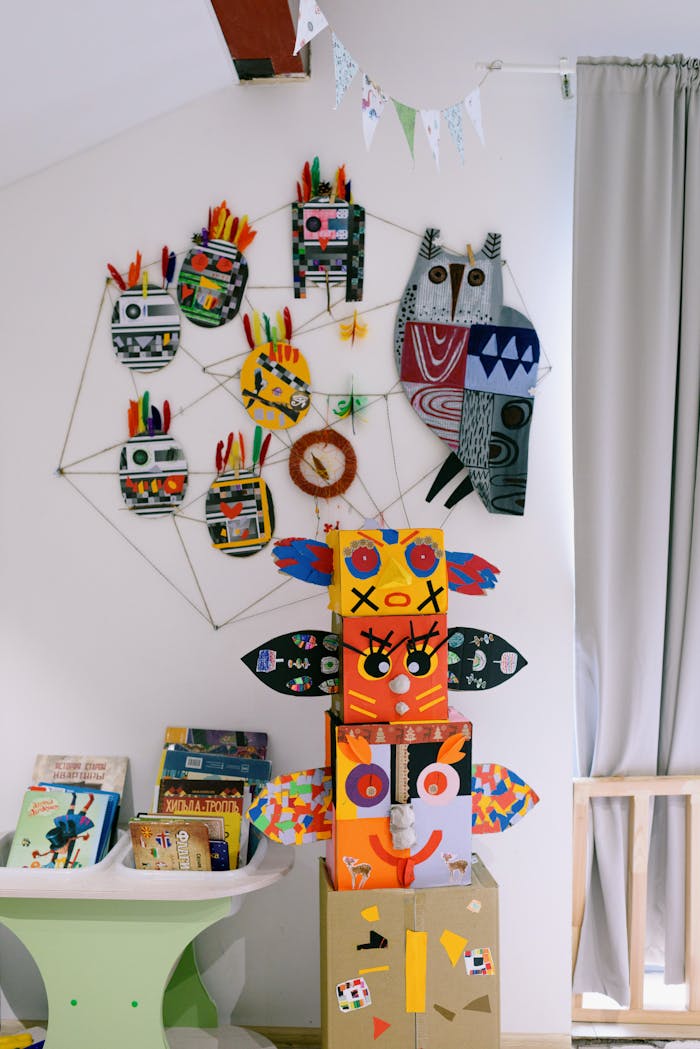 Vibrant kids' room showcasing handmade cardboard toys and playful wall decorations.
